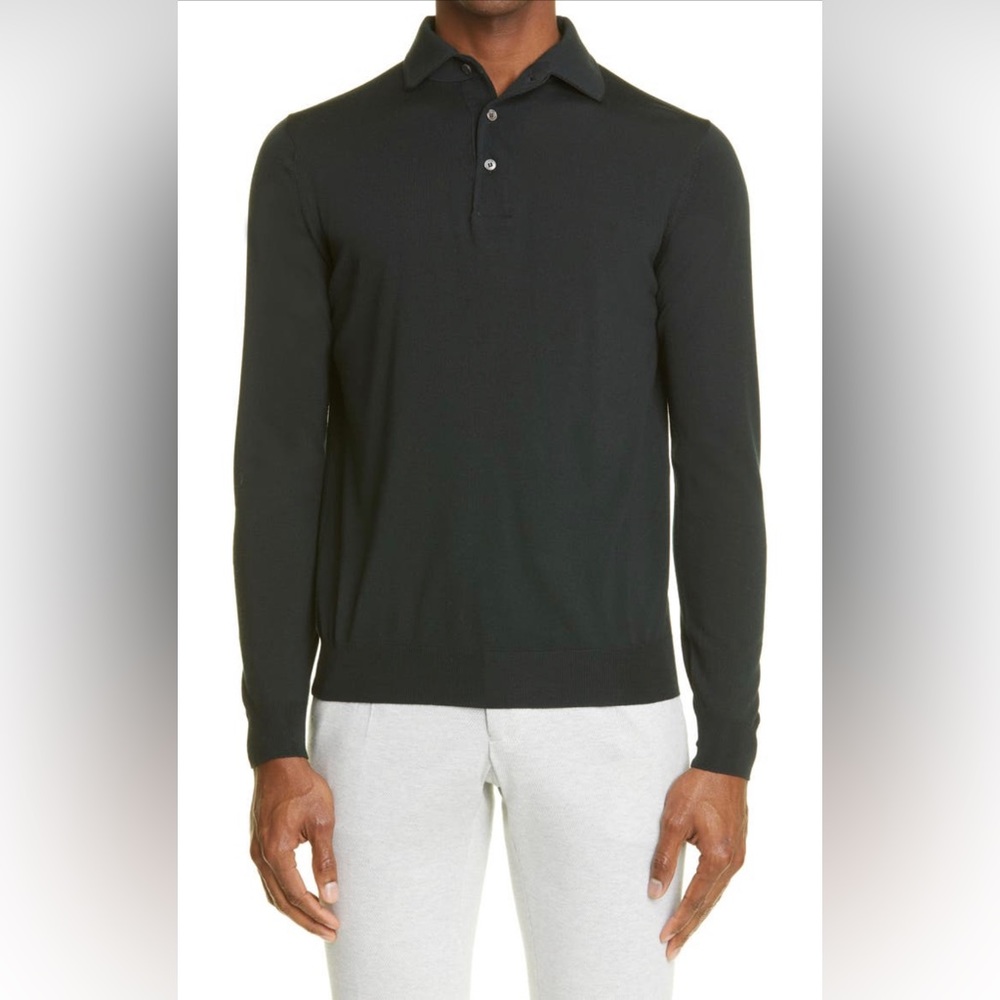 Thom Sweeney Fine Merino Shirt Collar Polo NWT DARK GREEN (looks black)